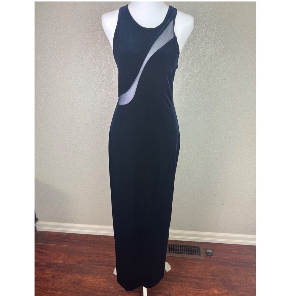 Navy Blue Velvet Mesh Cutout Racerback Maxi Dress Sleeveless Formal Gown - 11-12